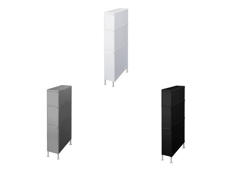 オールグレーのアジャスター付きスリムストッカー。引き出しと棚が備わったキャビネット家具