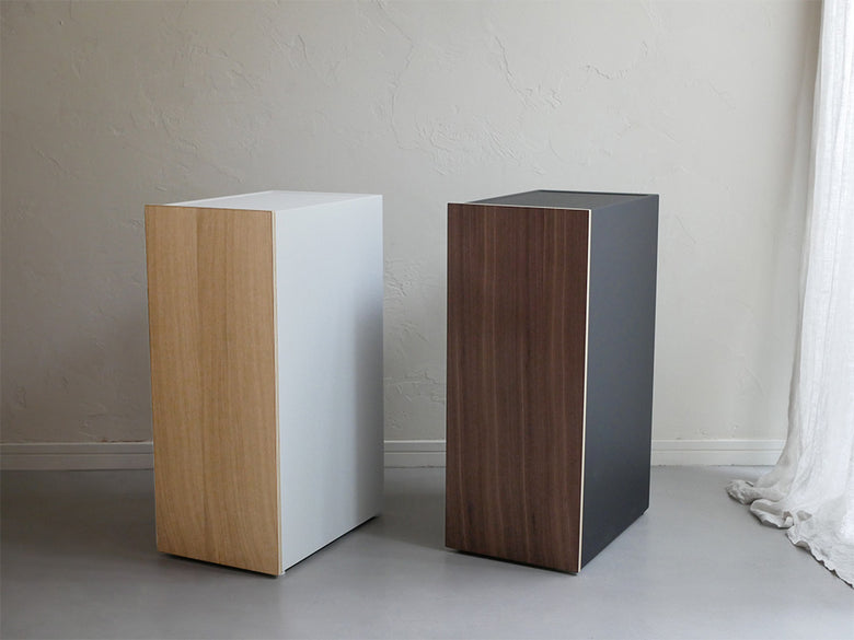 スチールフレームと天然木積層合板の扉を持つタワー型ゲーム機収納ラック。複数の棚があり、ゲーム機やアクセサリーを整理できるデザイン。