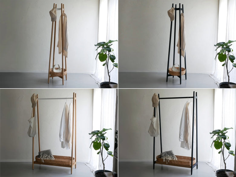 オーク無垢材とラタンバスケットを使用したホワイトカラーのコートハンガー、2個口デザイン