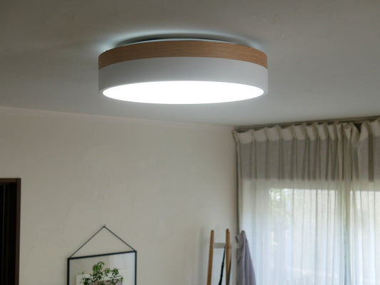 天然木とシルバーのLEDシーリングライトOlikaが設置された北欧風の寝室インテリア