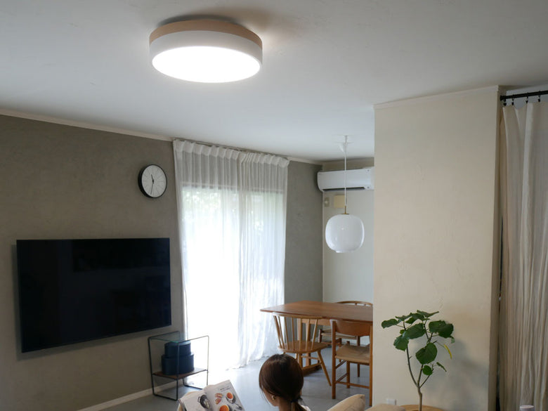 天然木と北欧カラーのOlika LEDシーリングライトが設置されたモダンなリビング空間