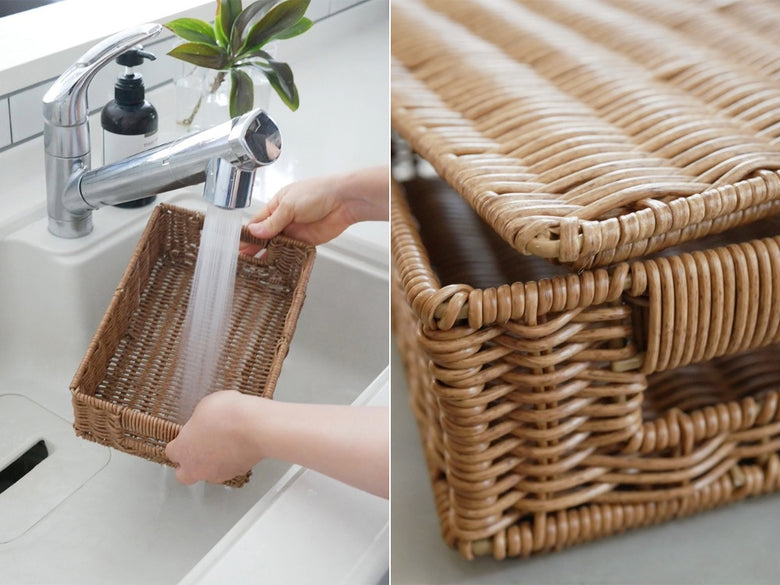 ブラウンの洗えて隠せるスタッキングバスケット。天然素材の籐とポリエチレン・アイアンを使用し、家庭用収納に最適なデザイン