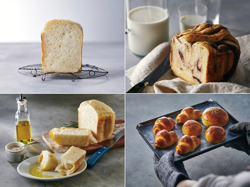 レコルトのコンパクトベーカリー本体と焼き上がったパンがテーブル上に配置されている画像