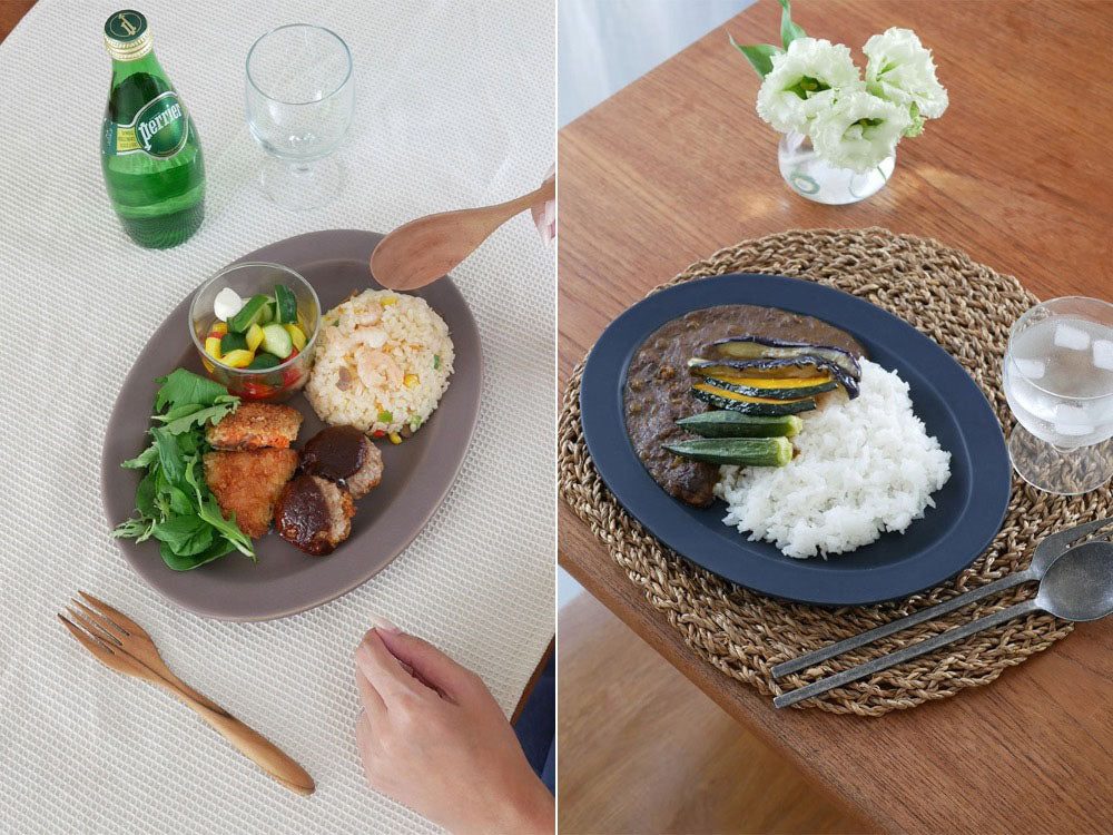 食卓に置かれたサクザン Saraオーバルプレートに盛られたご飯と野菜