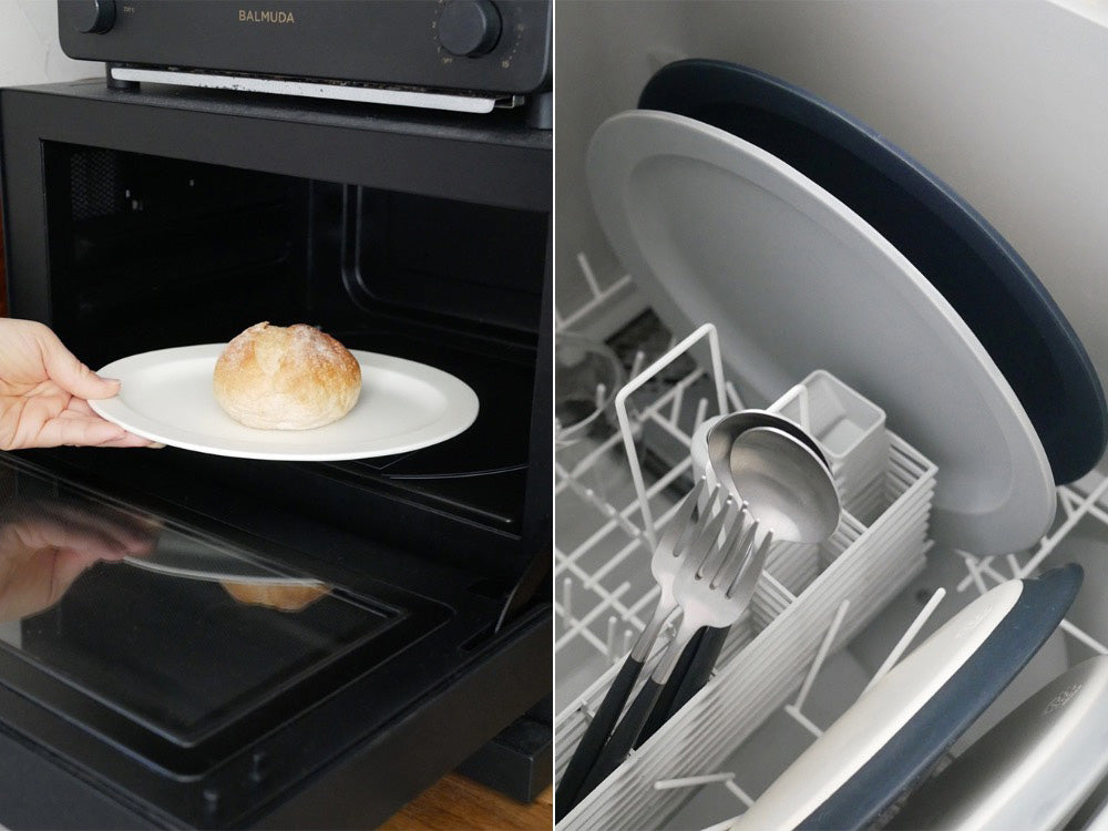 SAKUZAN Saraシリーズの磁器製オーバルプレート、食卓に並べられたサービングプレート