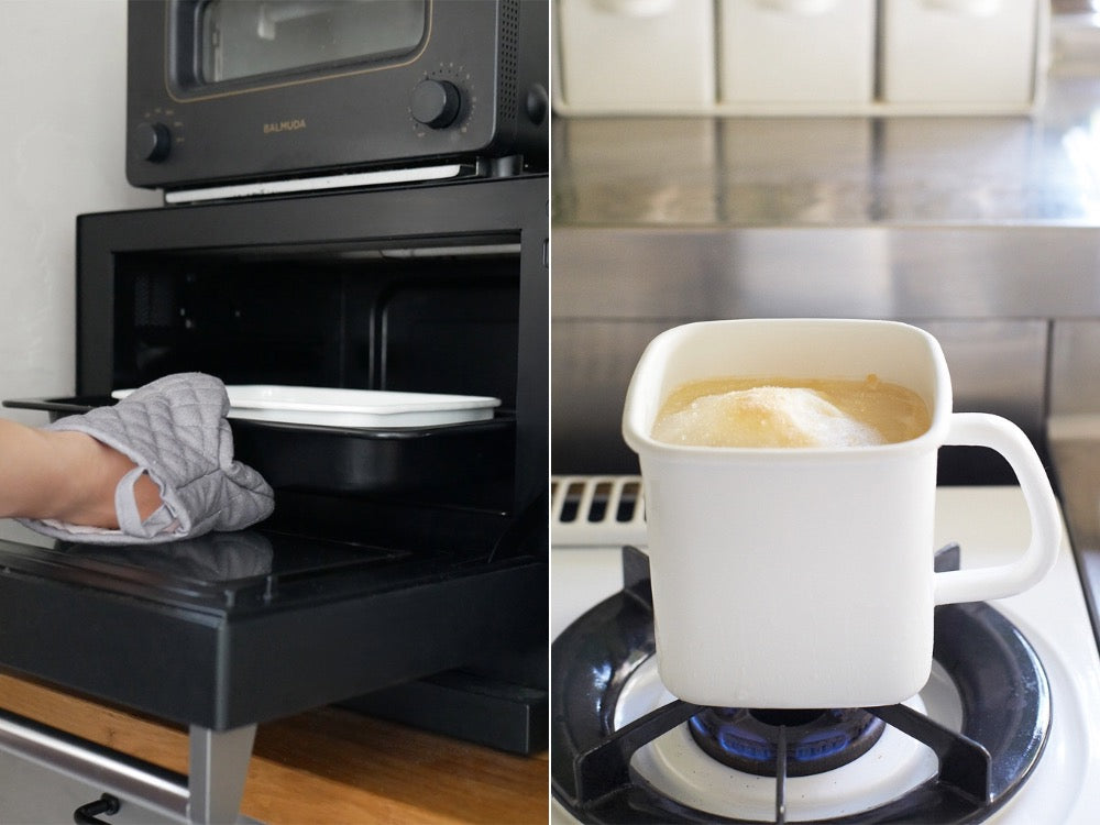 野田琺瑯 WhiteSeriesのシール蓋付きホーロー保存容器が各サイズ揃えてキッチンに並べられている様子