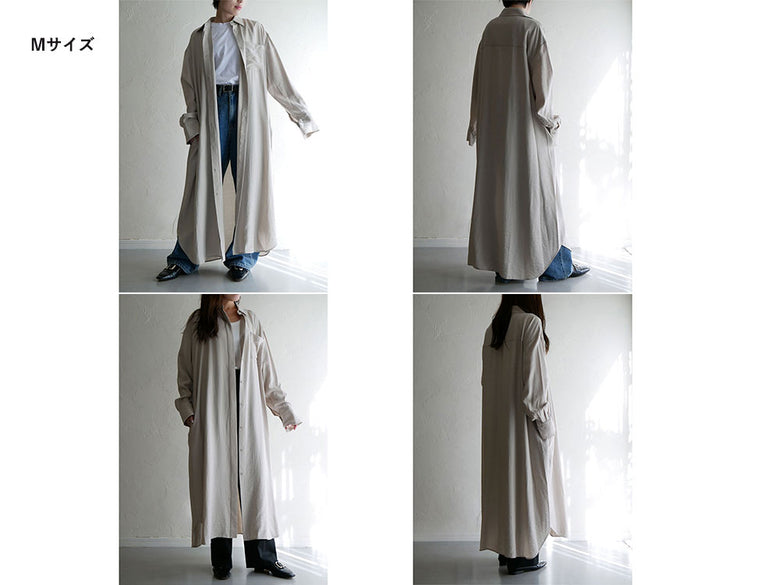 【Comore sun】の大人カジュアルシャツワンピース。レーヨン84%とナイロン16%の柔らかい素材を使用し、ロングスリーブでエレガントなオーバーコート風デザインが特徴。