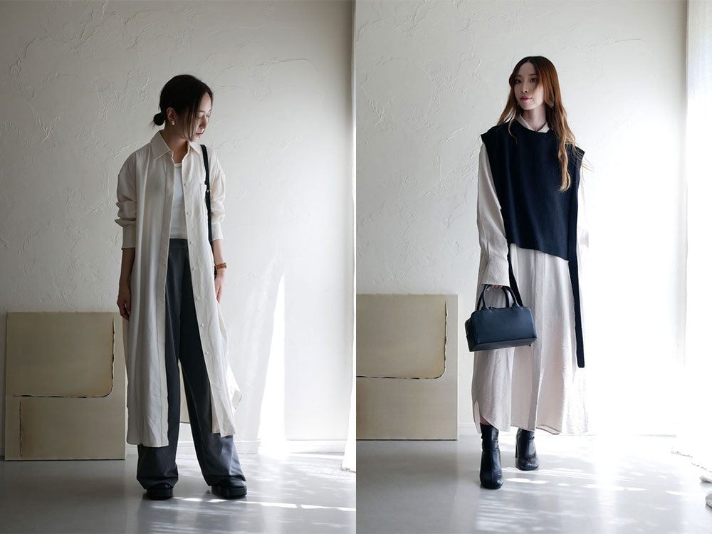 大人カジュアルな【Comore sun】シャツワンピースを着用したファッションモデルの全身画像。襟や袖のデザインが際立つワンピーススタイル。