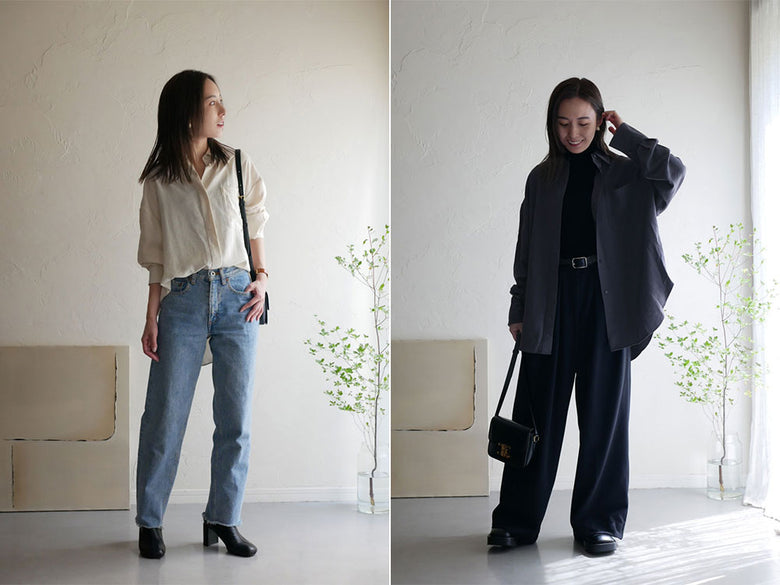 灰色デニム素材の【Comore sun】大人カジュアルシャツ。襟、長袖、ポケット、ウエストがデザインされたスタイリッシュなシャツの画像。