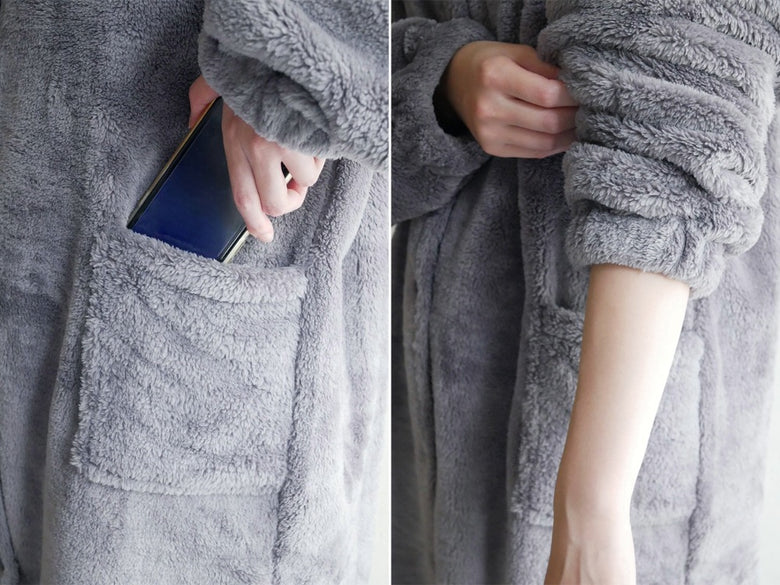 Le boisルームウエアシリーズのポリエステル製ファー付きフードルームカーディガン