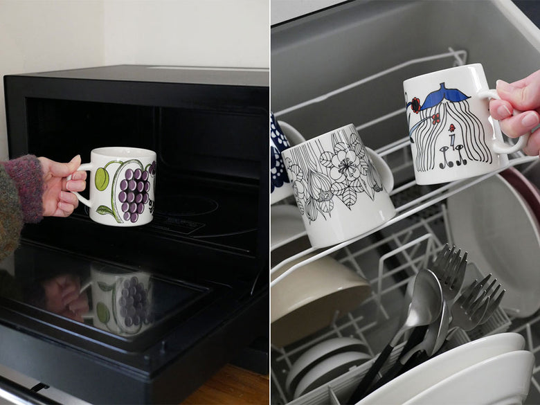 アラビア デザインマグシリーズの磁器製マグカップが並べられている写真