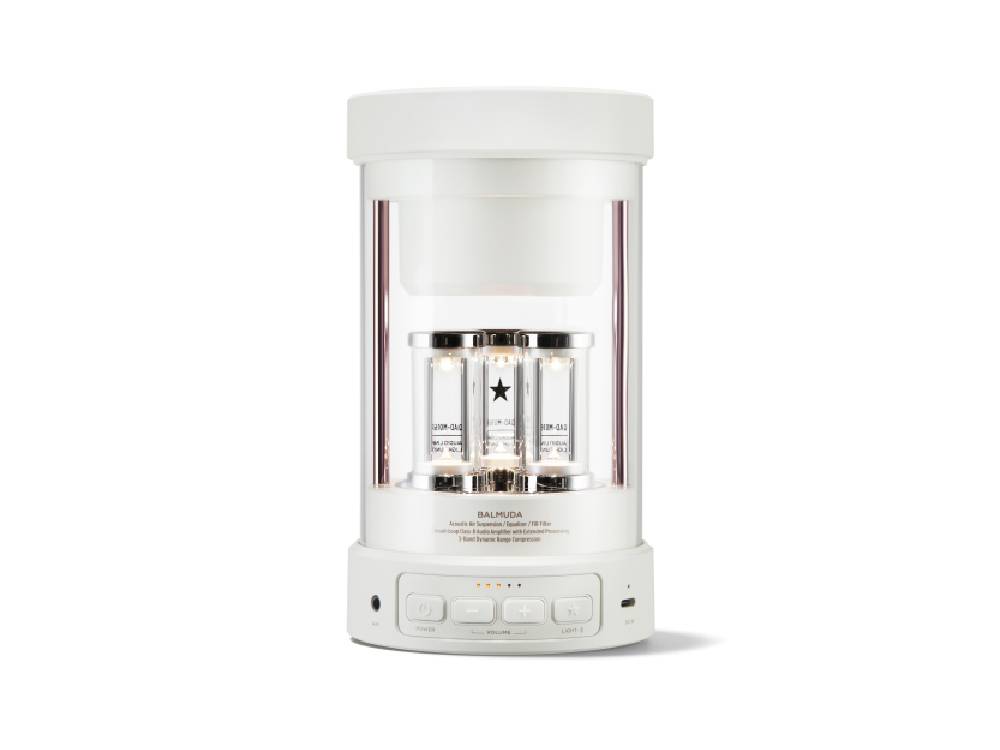 BALMUDA（バルミューダ）The Speakerの黒色モデルがスタイリッシュに配置された家庭用スピーカー本体の画像