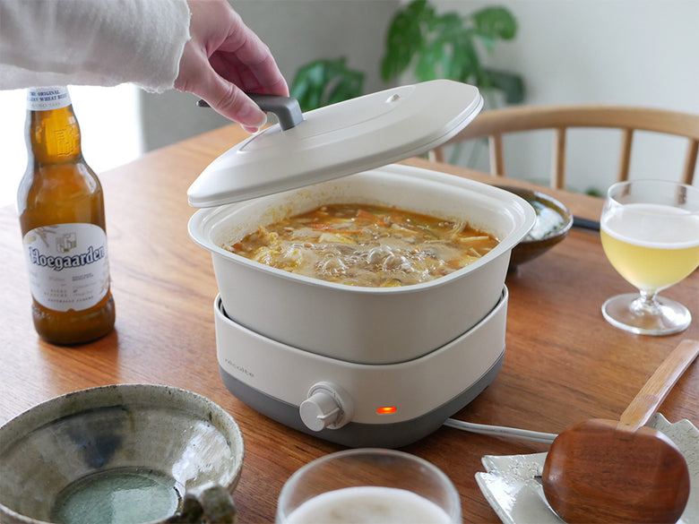 レコルト ポットデュオキャレ 卓上電気小鍋本体、蓋、セラミックボウル、グリルプレートなど付属品一式