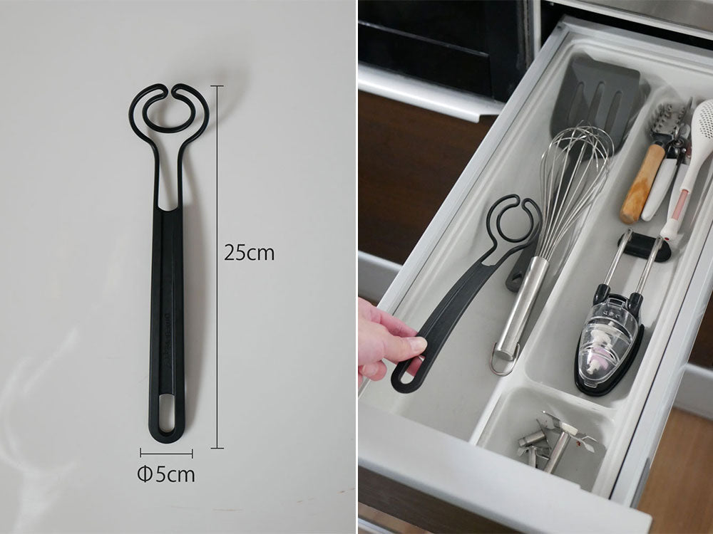 スウェーデン製マルチキッチンツール「オメガヴィスペン」。ナイロンとグラスファイバー製のハンドルを持つステンレス製の調理用具の写真