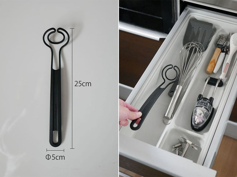 スウェーデン製マルチキッチンツール「オメガヴィスペン」。ナイロンとグラスファイバー製のハンドルを持つステンレス製の調理用具の写真