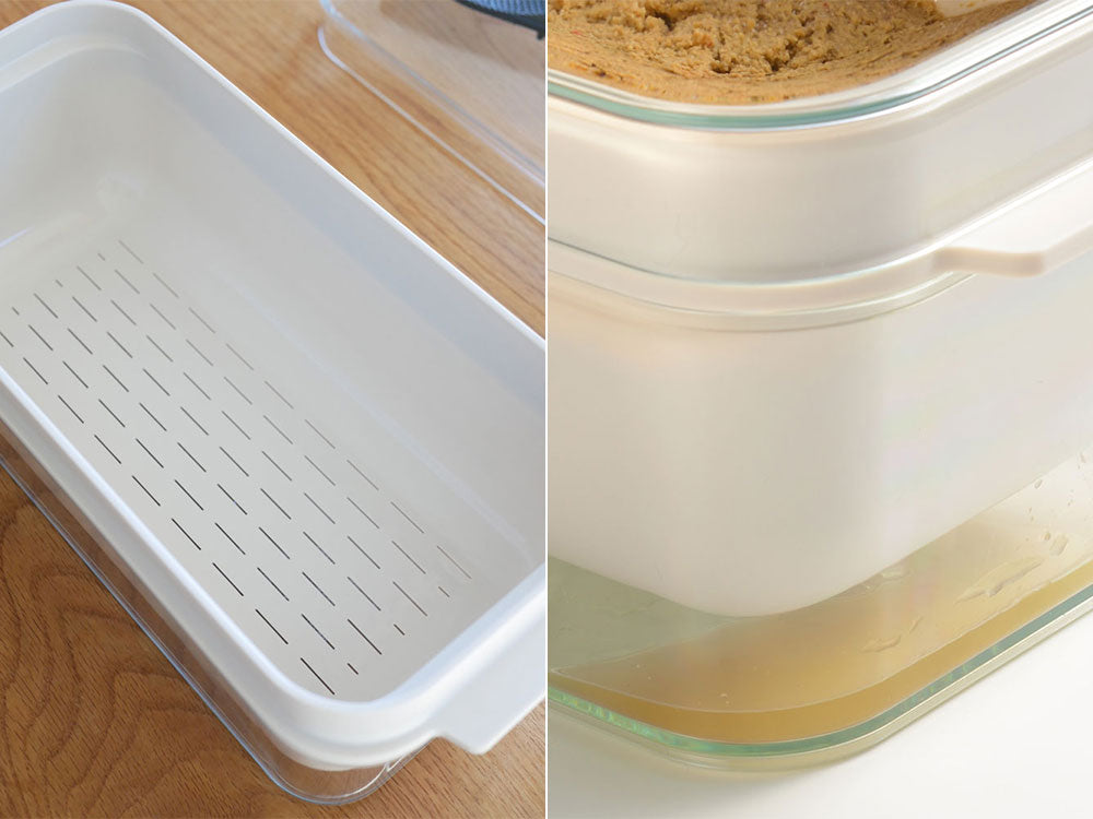 レイエのぬかどこボックス。蓋付きプラスチック製の食材保存容器で、幅約30cm。日本製。