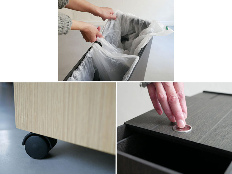 木製のタツクラフトバスクキッチンペールごみ箱がキャビネット内の棚に整然と配置され、清潔感を演出している様子