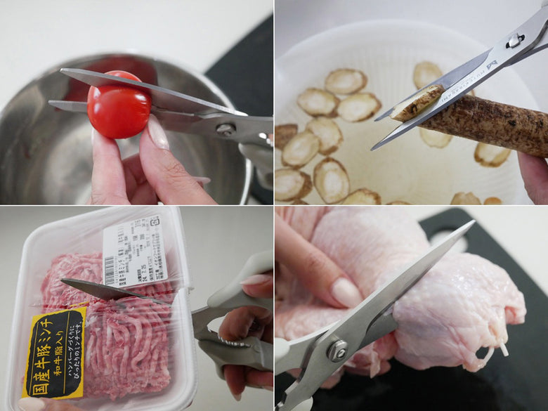 ステンレス製のムテキバサミと新鮮な牛肉がカッティングボード上に配置された調理シーン