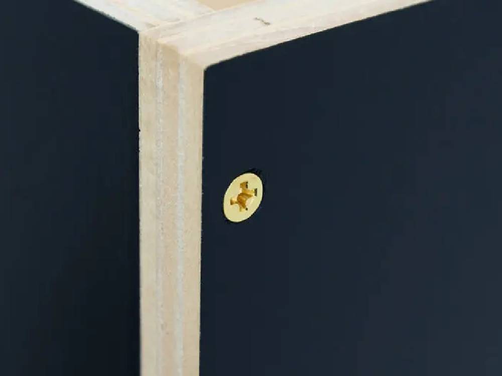 ウレタン塗装されたシナ合板のモヘイム収納リンデンボックス。美しい木目と棚が特徴の画像