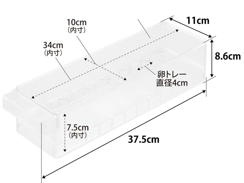 タワー製冷蔵庫中蓋付き卵ケースの技術図面。サイズはW37.5×D11×H8.6cm、収納可能数は卵14個。