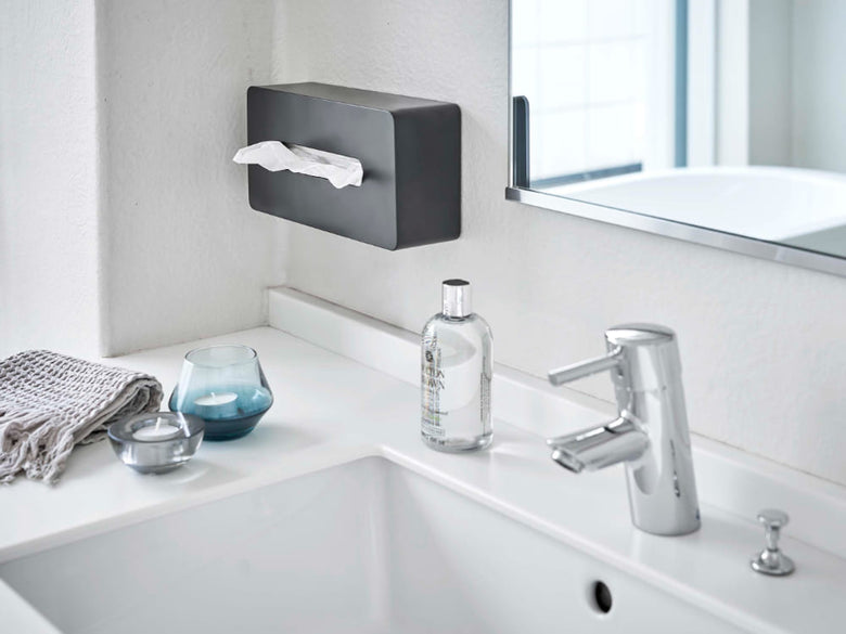 タワーシリーズのレギュラーサイズティッシュケースがバスルームのシンク台に設置されており、蛇口や洗面キャビネット、ソープディスペンサーなどの浴室設備が整っている様子