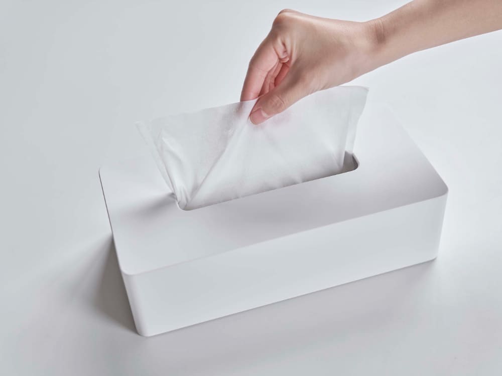 タワー型ABS樹脂製レギュラーサイズティッシュケース。標準サイズのティッシュボックスやナプキンを収納でき、壁掛けも可能です。