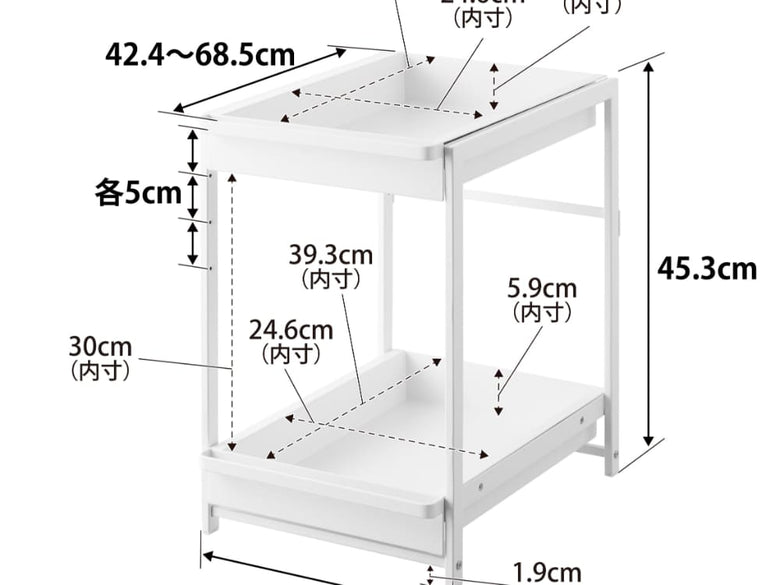 タワースタイルのスチール製シンク下スライドラック、上下に2段の引き出しが付いた家具