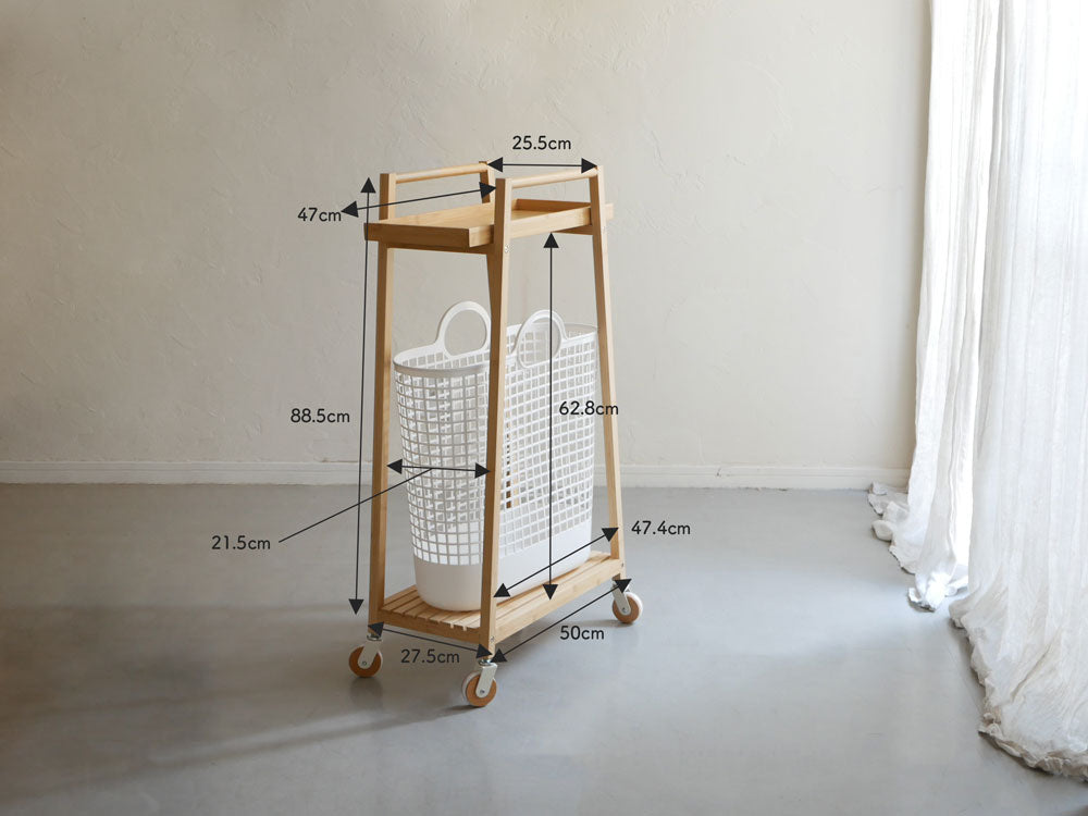 竹製のすき間用バンブーランドリーワゴンと収納バスケットがセットになったキッチンカート