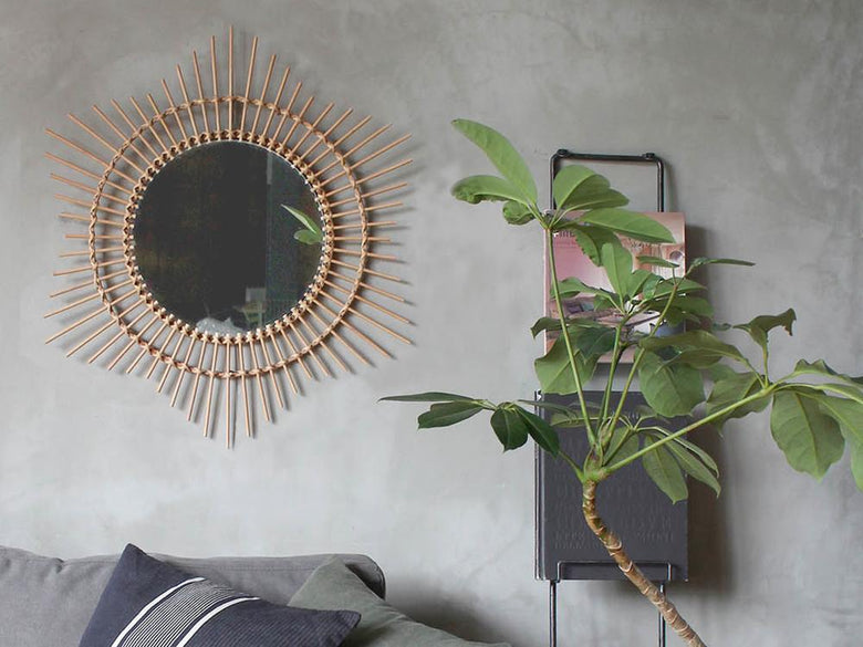 自然素材ラタンのアデペシュロッタミラーと観葉植物