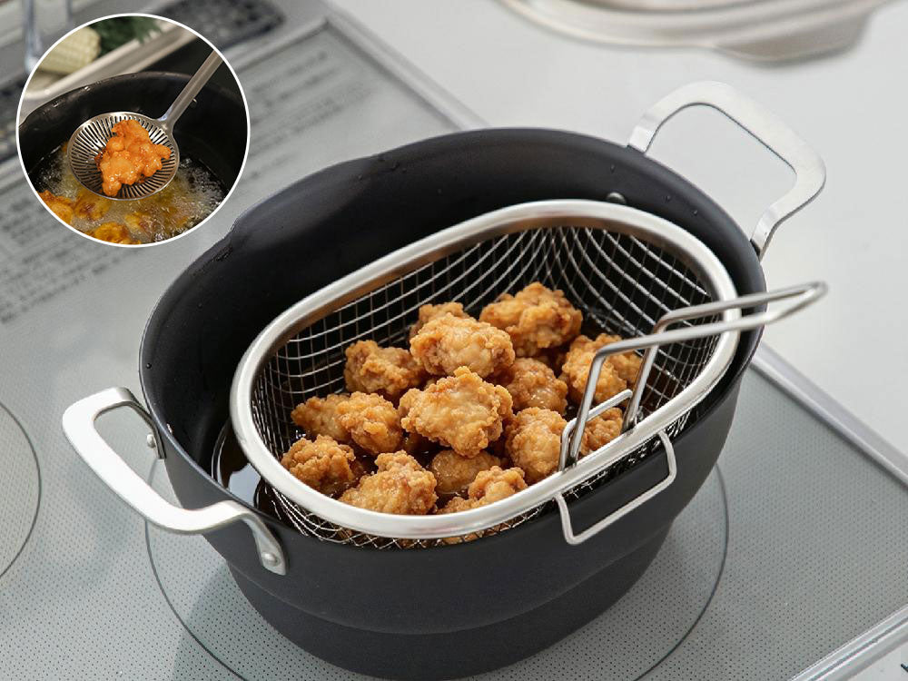 ステンレス製油切りスプーン付き【SHIMOYAMA/シモヤマ】コンパクトに収納できる揚げ物鍋セット